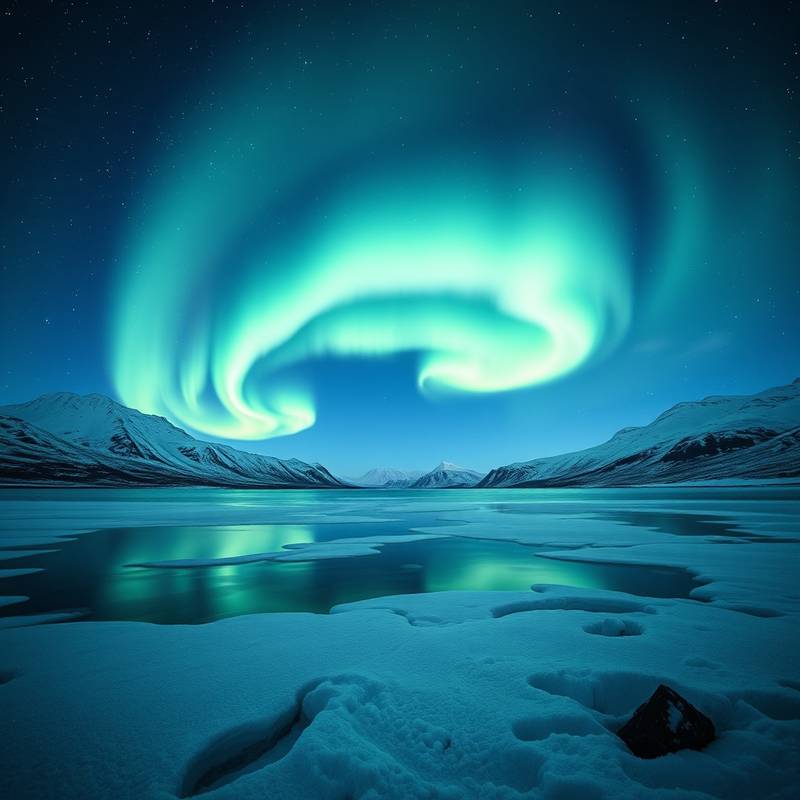 Aurora boreal danzando sobre un lago helado en Islandia con montañas nevadas y estrellas brillantes en el cielo.
