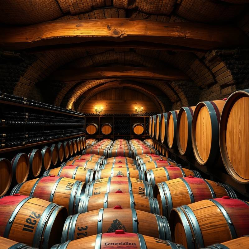 Bodega con barricas de vino, región de La Rioja, España.