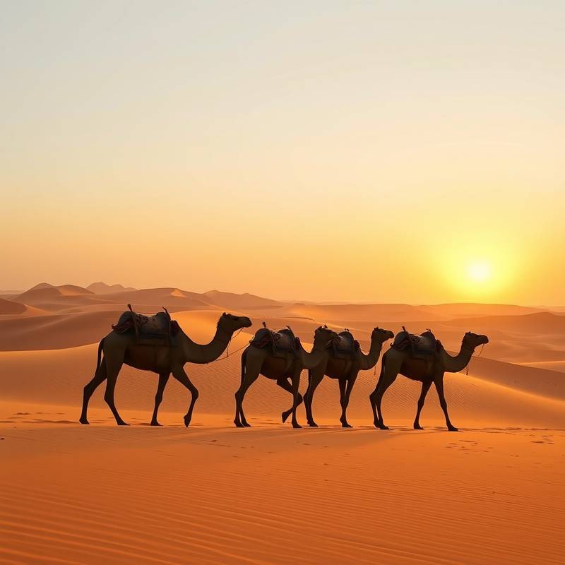 Camellos caminando por el desierto del Sahara al amanecer con las dunas de arena dorada extendiéndose hasta el horizonte.