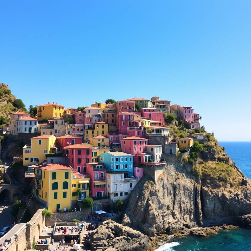 Casas coloridas en un pueblo de Cinque Terre, Italia, encaramadas en la ladera de una colina con vistas al mar Mediterráneo.