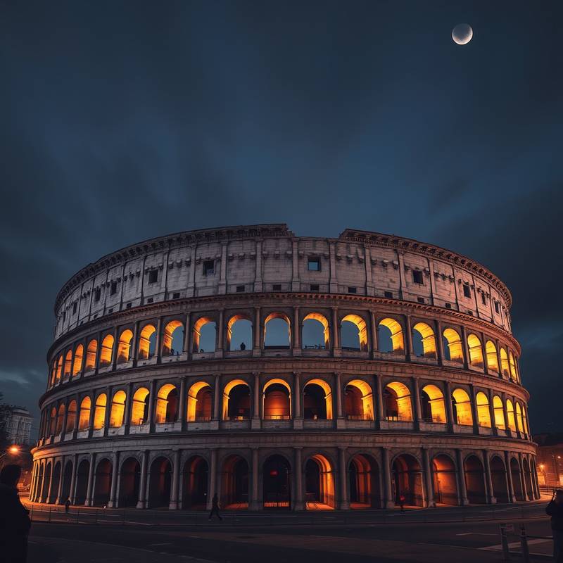 Coliseo Romano iluminado en Roma, Italia