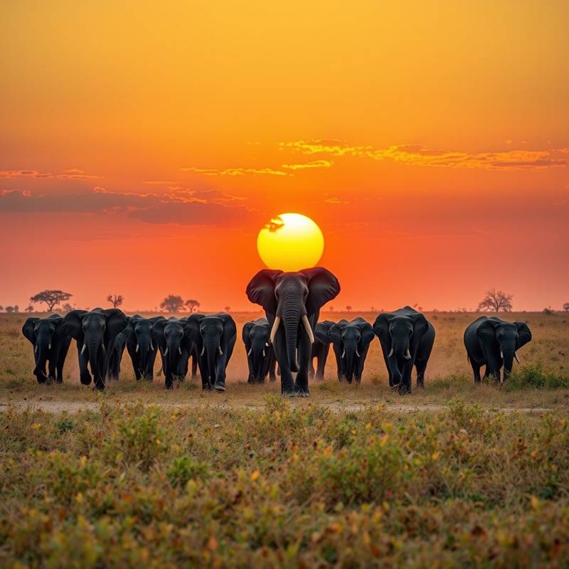 Manada de elefantes cruzando la sabana africana al atardecer, Kenia.