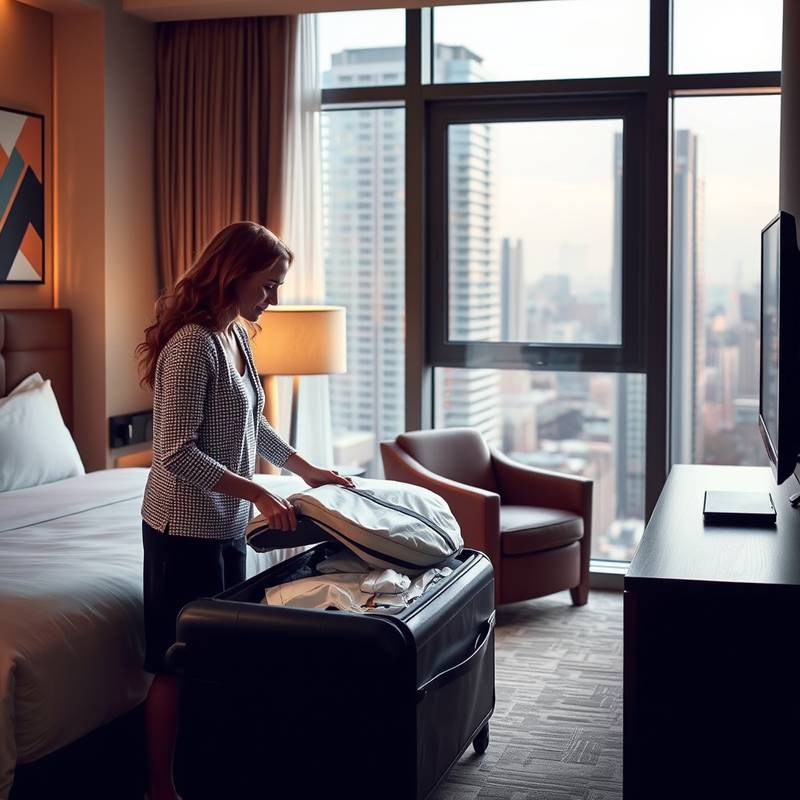 Mujer empacando su maleta en una habitación de hotel con vistas a la ciudad.