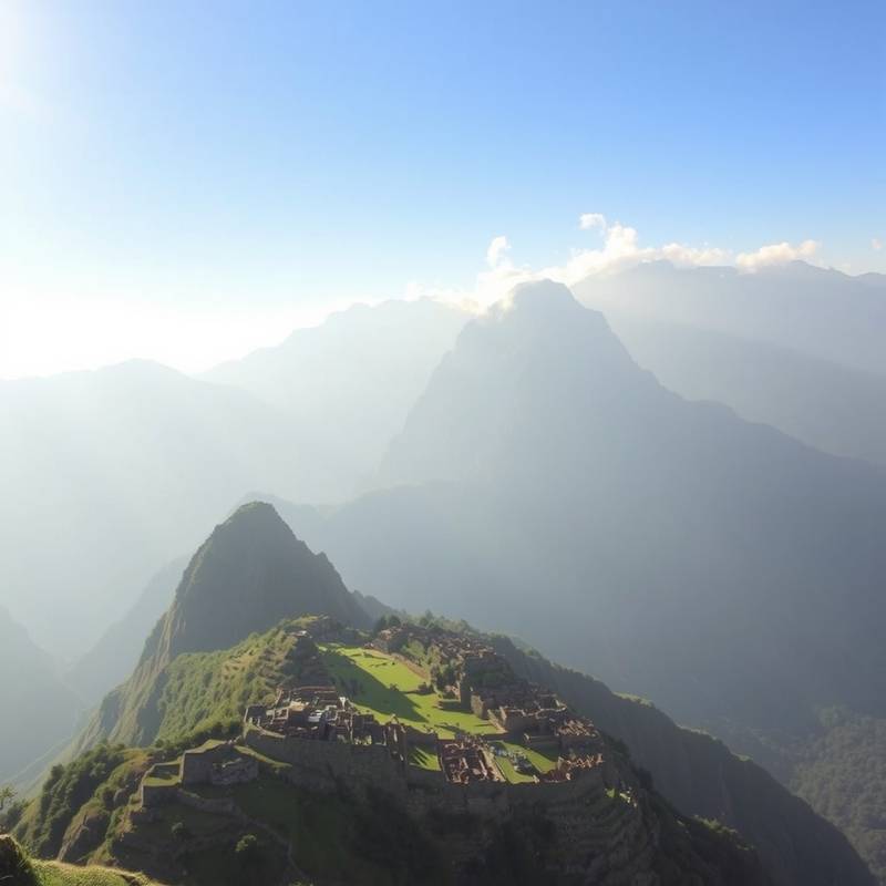 Paisaje montañoso de los Andes en Perú con Machu Picchu en la distancia