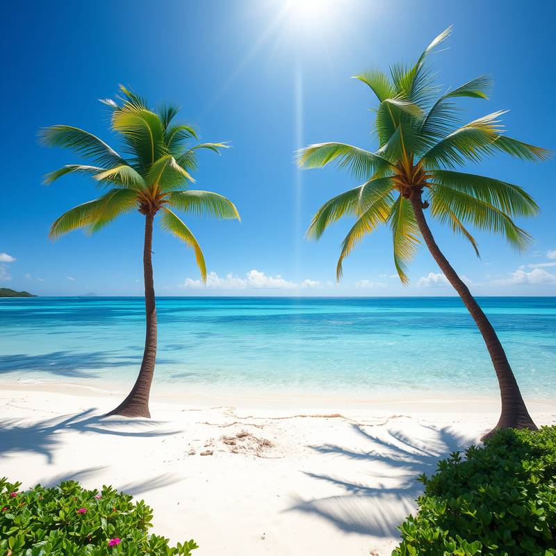 Playa de arena blanca con palmeras y agua cristalina, Islas Fiji.