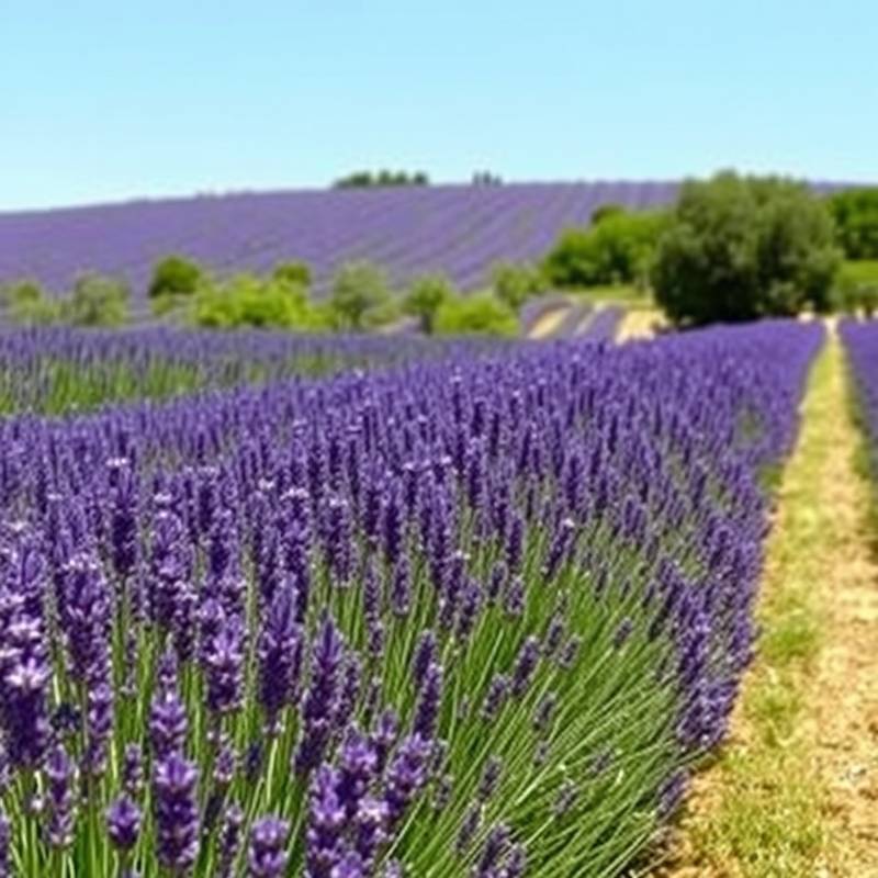 Un campo de lavanda en flor en la Provenza, Francia, con colores vibrantes y un cielo azul despejado.