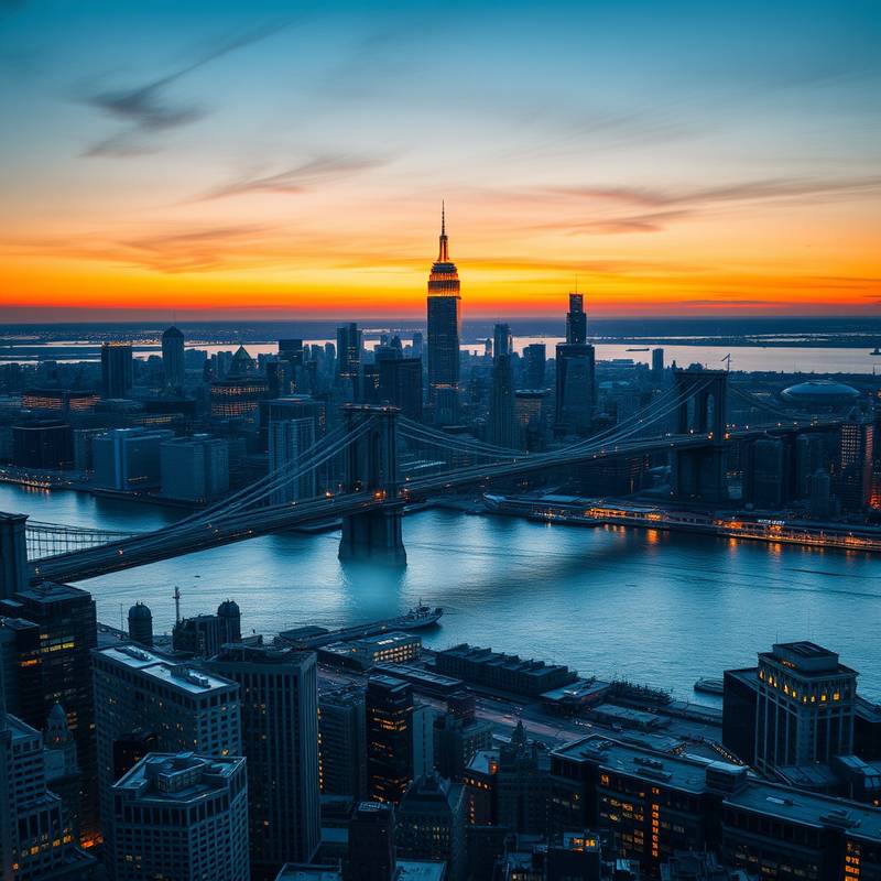 Vista aérea de la ciudad de Nueva York con el Puente de Brooklyn y los rascacielos iluminados al atardecer.