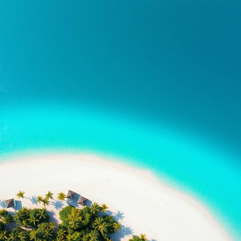 Vista aérea de una playa paradisíaca con arena blanca y aguas turquesas, Maldivas.