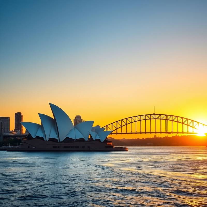 Vista de la Ópera de Sídney y el Puente del Puerto de Sídney iluminados al atardecer con el horizonte de la ciudad al fondo.