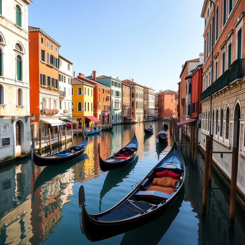 Vista de los canales de Venecia con góndolas y edificios históricos reflejados en el agua, mostrando la belleza y el encanto de la ciudad.