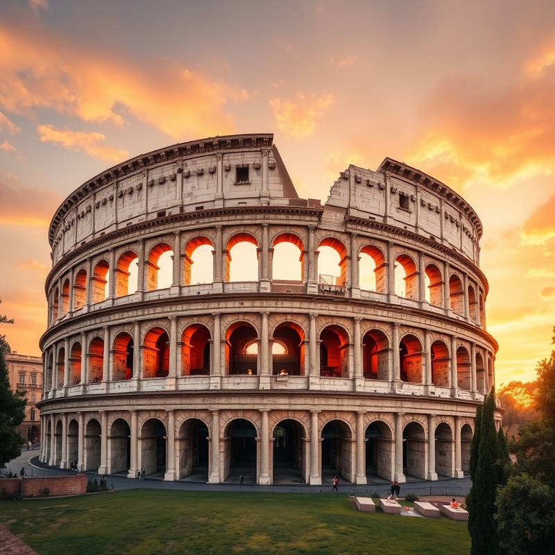 Vista del Coliseo Romano al amanecer, Roma, Italia.