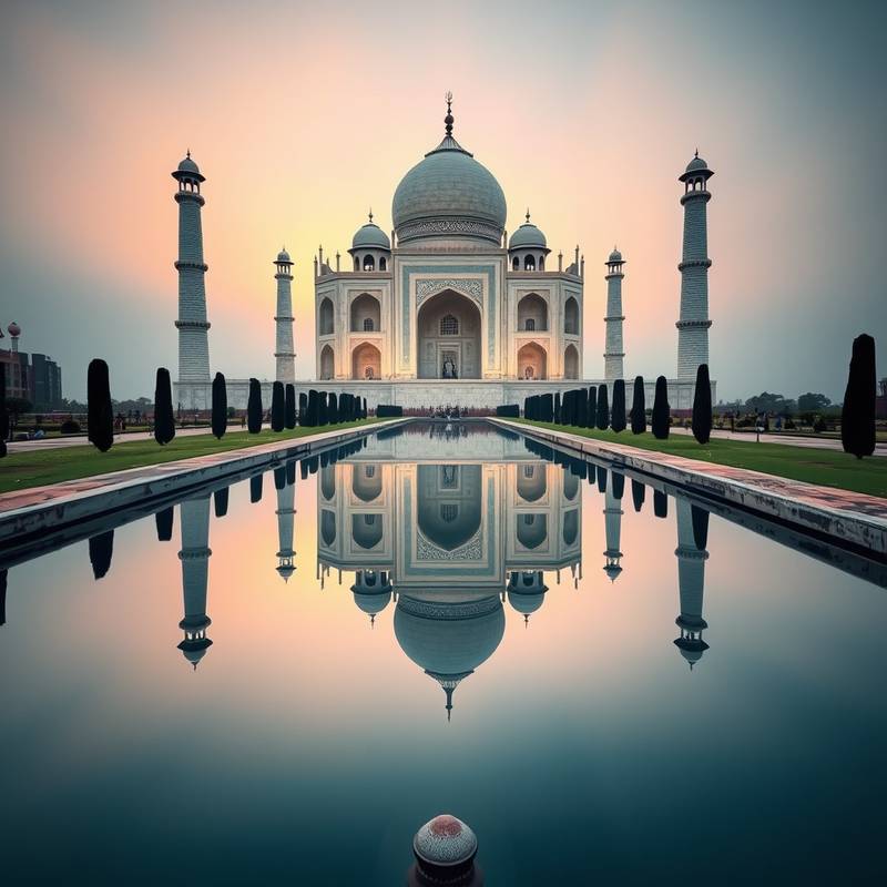 Vista del Taj Mahal reflejado en un estanque tranquilo al amanecer, mostrando su impresionante arquitectura y simetría.
