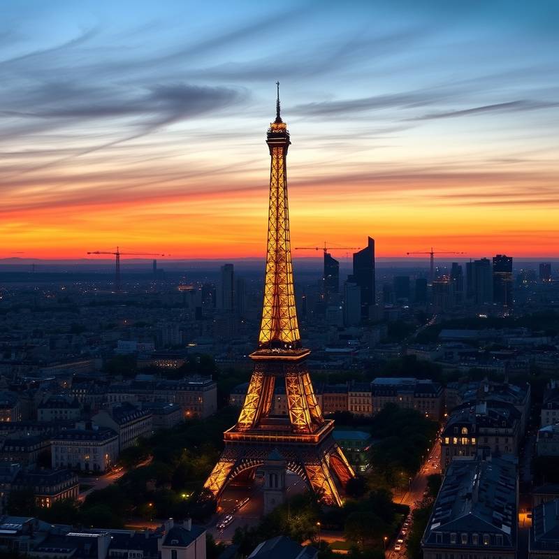 Vista panorámica de París con la Torre Eiffel iluminada al atardecer