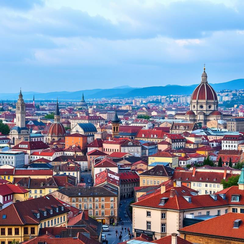 Vista panorámica de una ciudad europea con calles concurridas y arquitectura histórica.